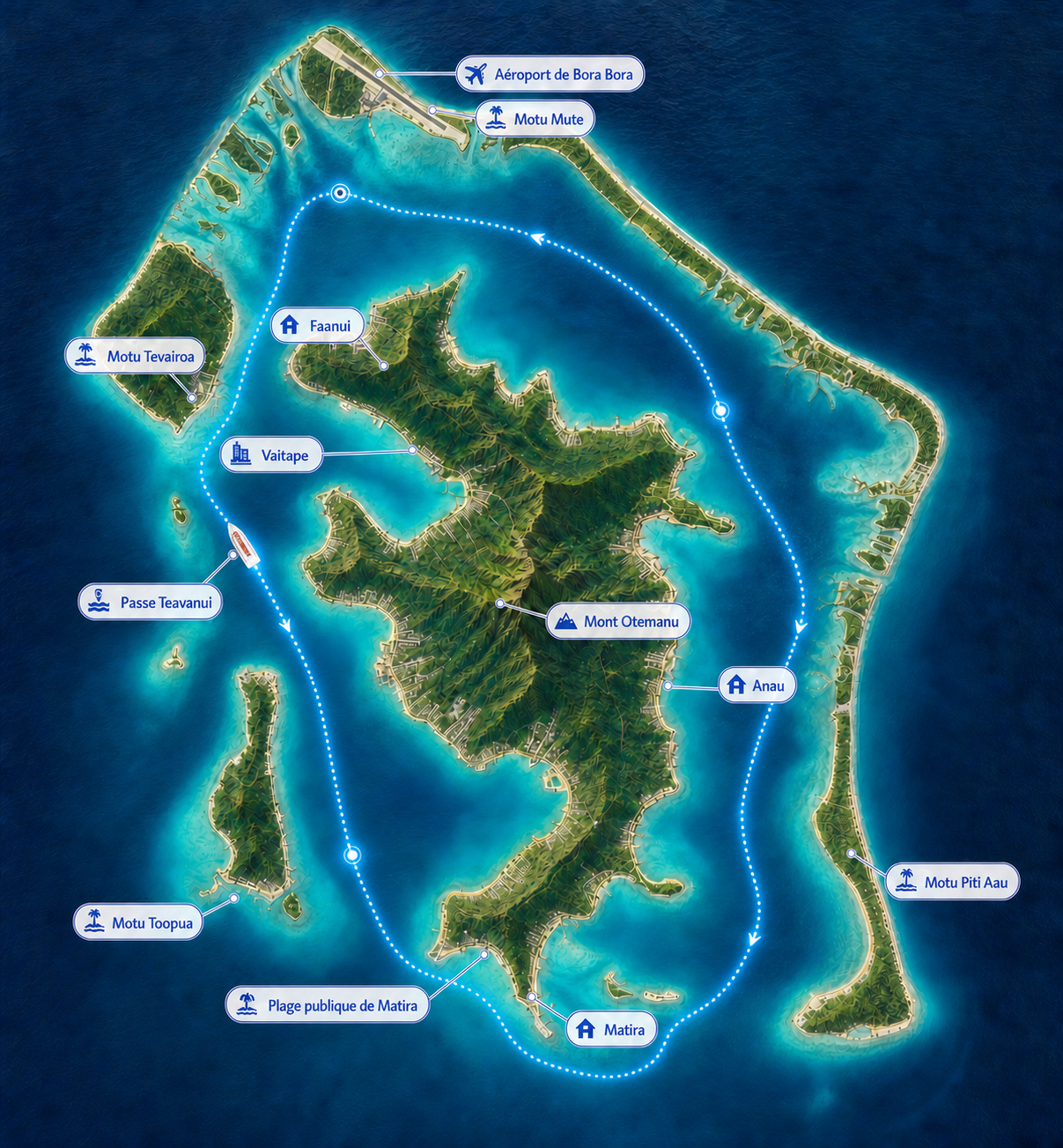 Carte géographique illustrée de Bora Bora avec ses principaux repères et un circuit nautique hypothétique