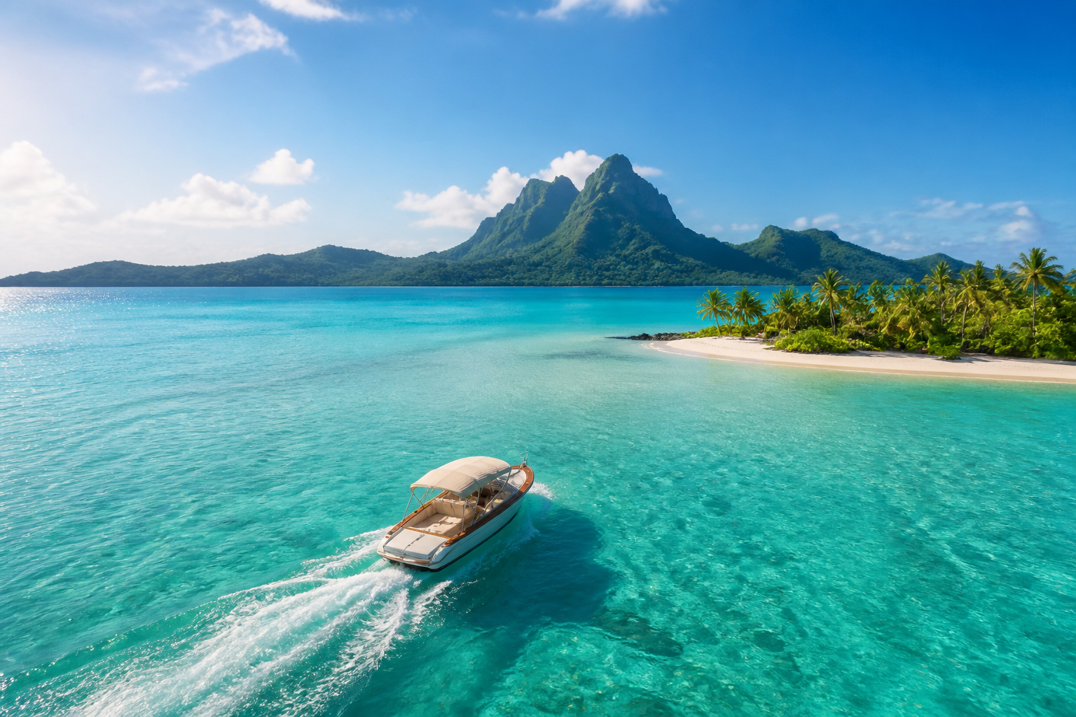 Bateau privé naviguant vers un motu de Bora Bora